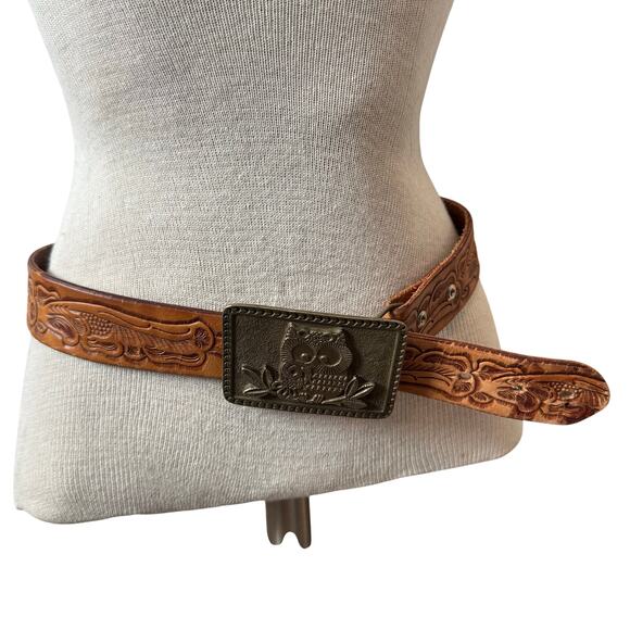 Vintage Western Tooled leather belt w owl belt buckle